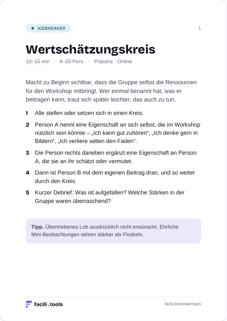 Beispielkarte aus dem Warmup-Deck: Eine Übung, eine Karte
