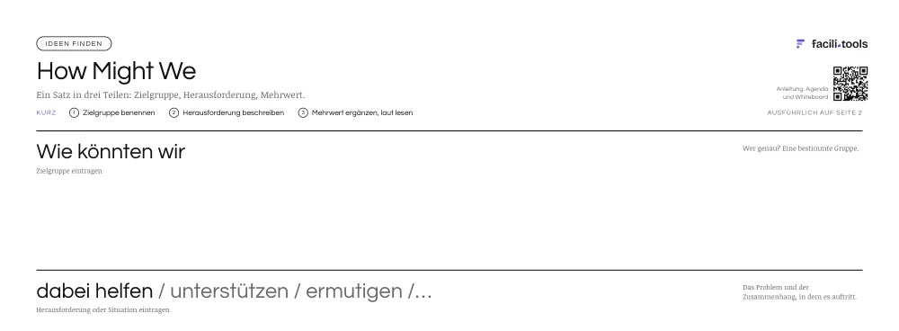 Ausschnitt aus der Vorlage How Might We mit Titel und den ersten Feldern