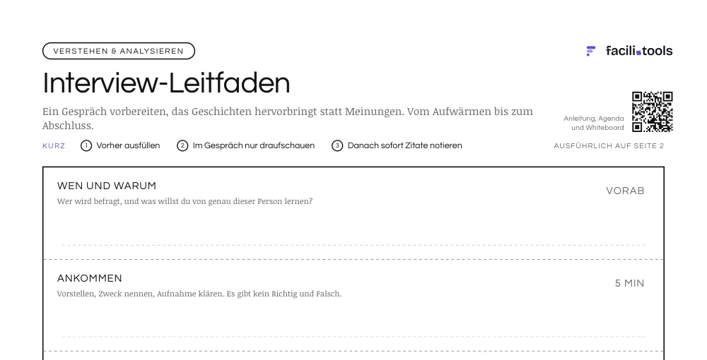 Ausschnitt aus der Vorlage Interview-Leitfaden mit Titel und den ersten Feldern