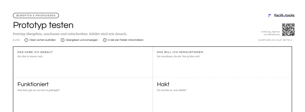 Ausschnitt aus der Vorlage Prototyp testen mit Titel und den ersten Feldern
