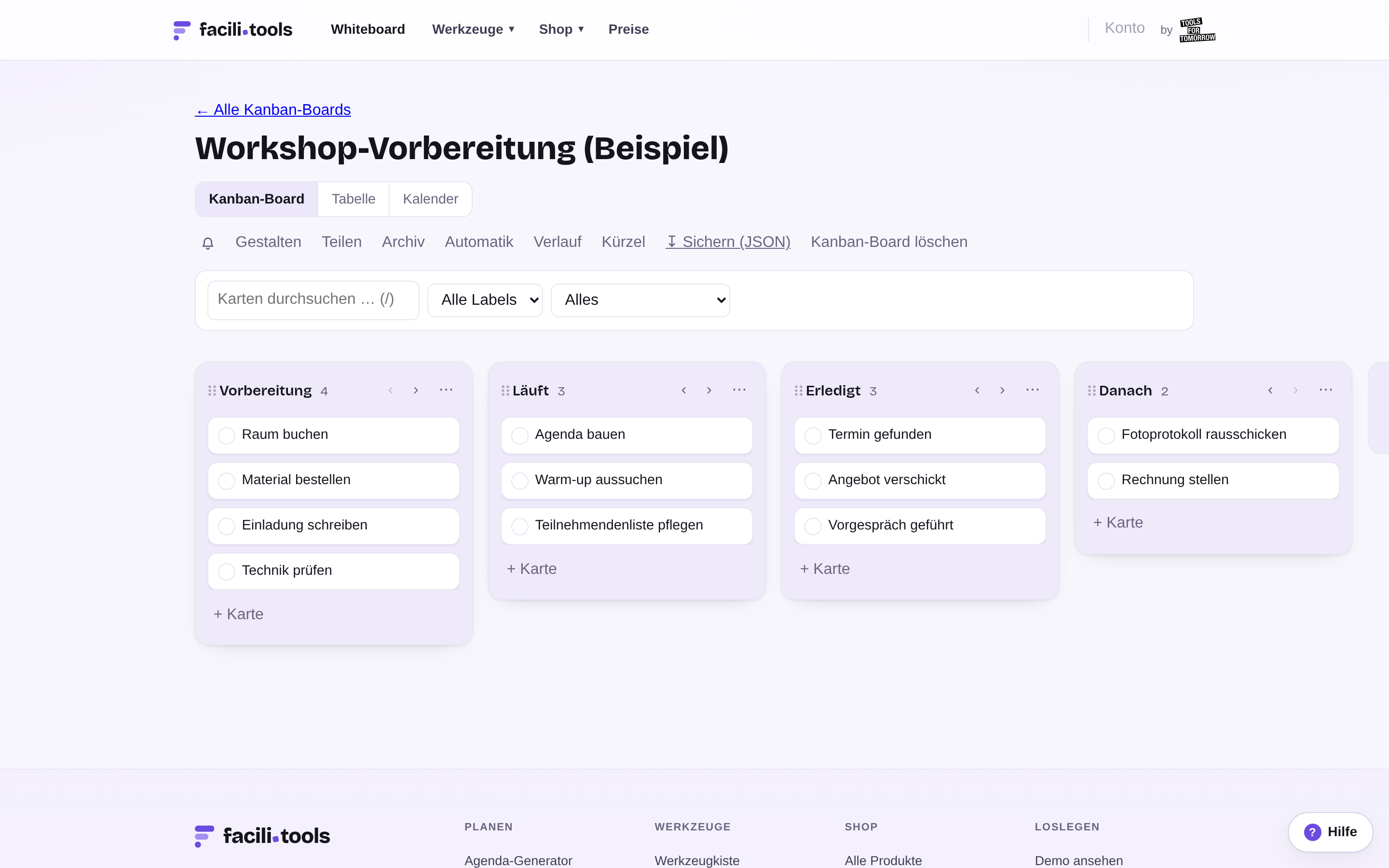 Ein Kanban-Board mit den Spalten Vorbereitung, Läuft, Erledigt und Danach und zwölf Karten, darüber Suchfeld und Filter