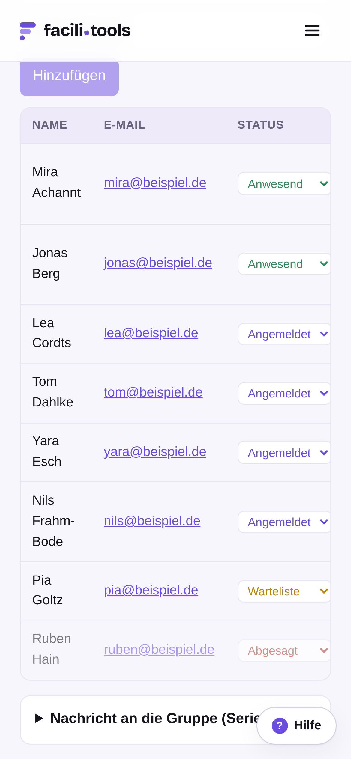 Dieselbe Teilnehmendenliste auf dem Handy, Zeile für Zeile untereinander